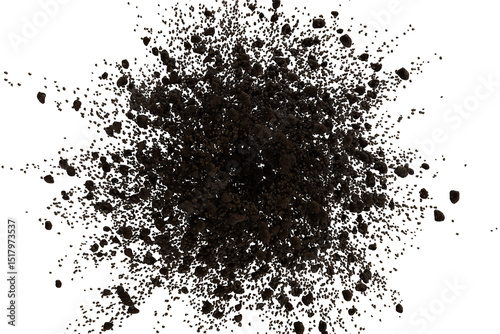 A dark, granular substance explodes outwards, scattering tiny colorful sparkles against a black background. The central mass is densely packed, while the edges disperse into a splatter effect