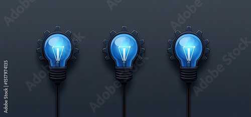 Light bulb and gear icon concept with three different blue glass light bulbs standing next to each other on a black wire in front of a grey background.