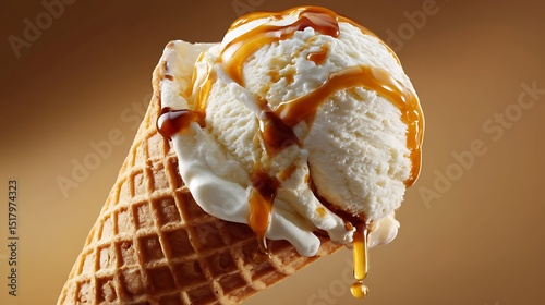 Delicious Vanilla Ice Cream Cone Drizzled with Golden Caramel Sauce on a Warm Background