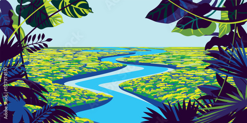 Tropical exotic jungle Amazonia landscape with palms, tropical trees, river and jungle in the background. Handmade drawing vector illustration.