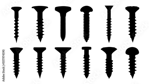 Set of black various screws vector silhouette
