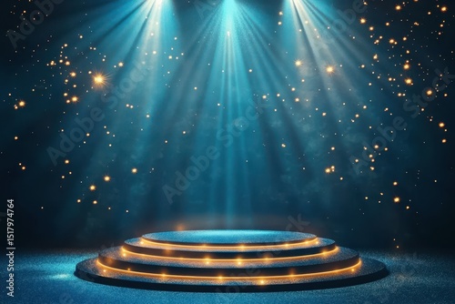 Three-tiered blue stage under bright spotlights with gold glitter accents. It is ideal for product reveals, ceremonies, and special presentations.