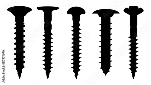 Set of black various screws vector silhouette