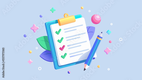 A checklist on a clipboard with a pencil, surrounded by colorful shapes and leaves, suggesting task management and organization.