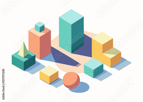 Isometric Composition of Colorful Geometric 3D Shapes: Cubes, a Pyramid, and Sphere