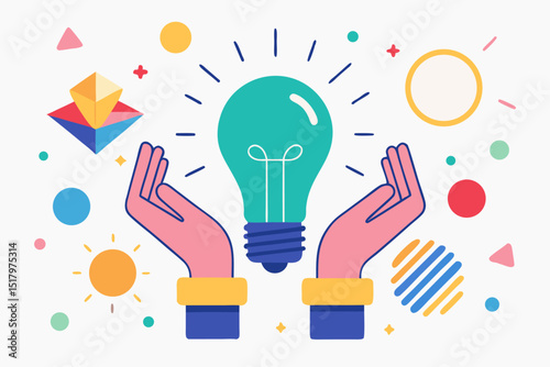 Two hands gently cradling a glowing teal lightbulb, symbolizing innovative ideas and creative problem-solving, surrounded by colorful abstract shapes.