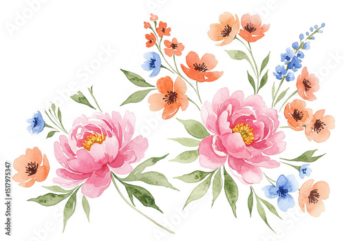 Watercolor floral arrangement with pink orange and blue flowers on a black background.