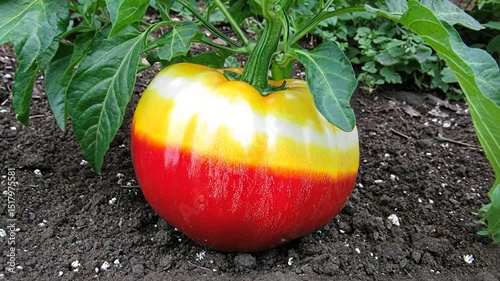 Colorful pepper growing in garden soil
