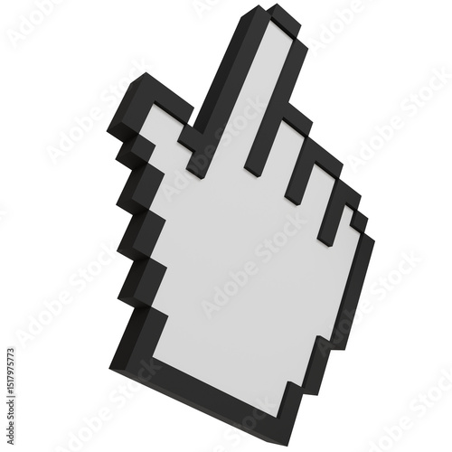 A three-dimensional, pixelated cursor hand pointing upwards, suggesting a click or interaction