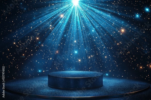 Blue podium stage with light beams and sparkling stars background. Perfect for product mockup, showcase, or award ceremony display.