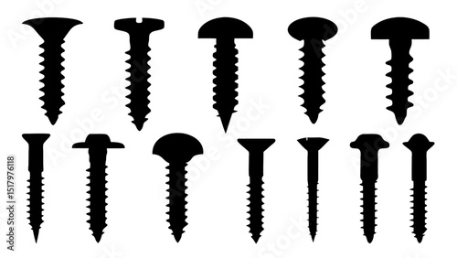 Set of black various screws vector silhouette