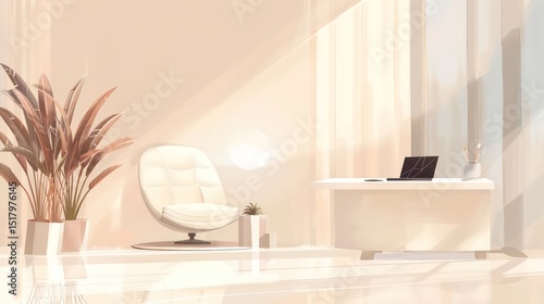 Modern office with laptop, plant, and ergonomic chair on tidy desk in calm, well-lit room.