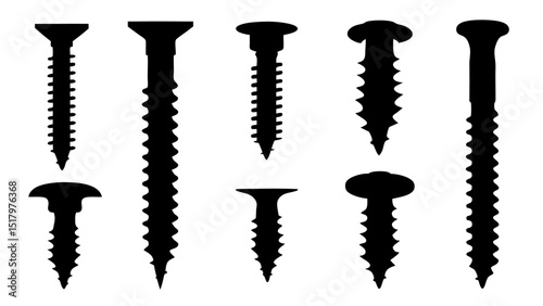 Set of black various screws vector silhouette