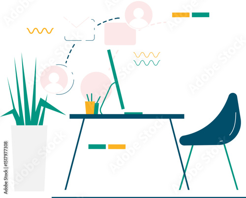 set of desk table and chair online working vector illustration