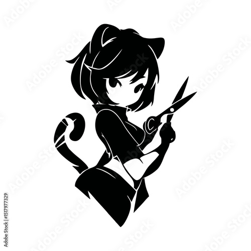 black silhouette, abstract vector logo, chibi-style 2D anime catgirl