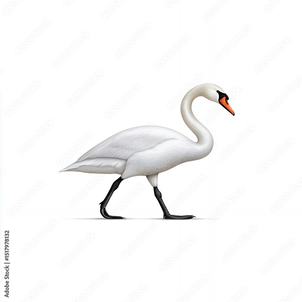 Fototapeta premium White Swan Walking on White Background Studio Shot
