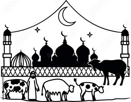 Traditional Eid al-Adha Animals and People Silhouette