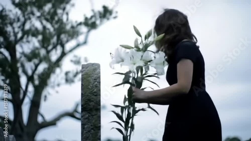 Mourning at Graveyard with Flower Tribute

