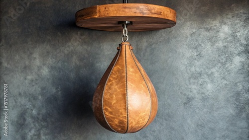 A classic, aged brown leather speed bag with prominent vertical stitching hangs from a wooden swivel board mounted on a textured, dark grey wall photo