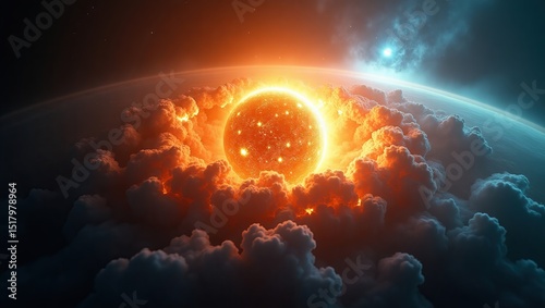 Dynamic plasma ball of energy surrounded by dense dark clouds, emitting radiant light and powerful electric currents.