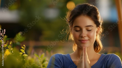 Woman meditation prayer outdoors calm peaceful nature sunlight hands closed eyes enjoying grateful moment