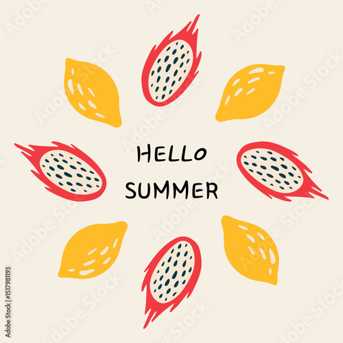 Hello Summer Fruits Illustration with Tropical Vibes. Bright round frame made of fruits.
