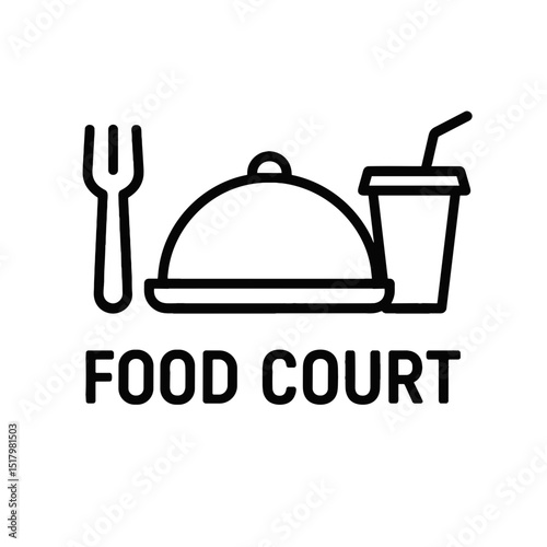 Minimalist food court icon with cloche, drink and fork in line art style