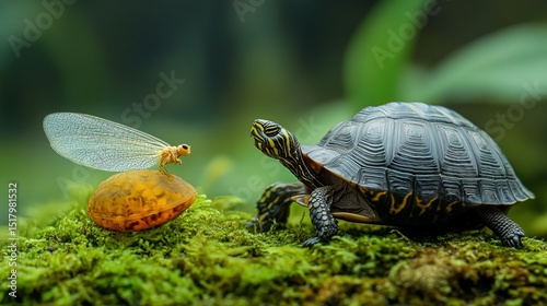Mayfly wing and tortoise shell on moss, fleeting and enduring life contrasted