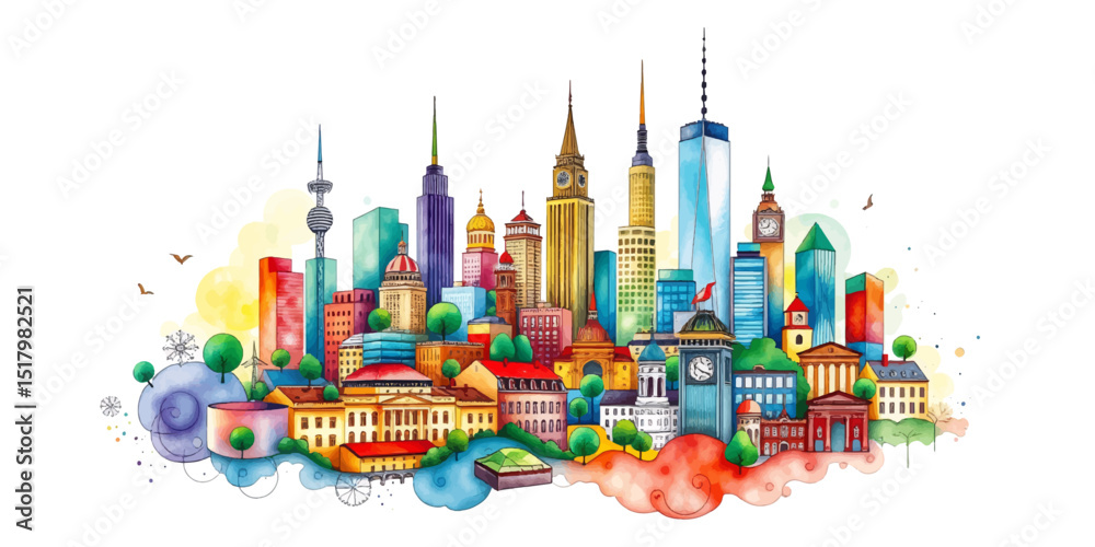 Obraz premium Modern City Skyline at Sunset and Night – Urban Silhouette Panorama in Watercolor and Flat Vector Style.