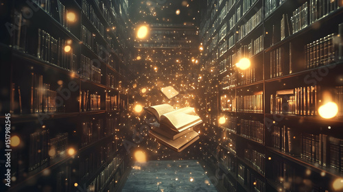 Mystical library illuminated with floating books and glittering particles