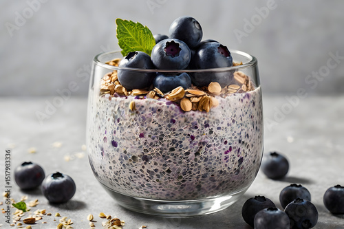 Healthy chia pudding with fresh blueberries and granola in a glass. Clean breakfast concept, rich in fiber and antioxidants, perfect for wellness, diet, and plant-based food themes.