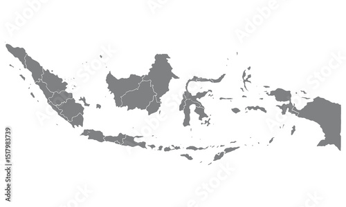 Vector map of Indonesia showing its islands and provincial borders in grey on a white background. Ideal for educational, political, or infographic design use.
