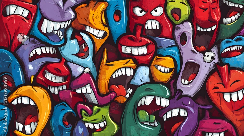 Fototapeta premium Colorful faces with exaggerated expressions.