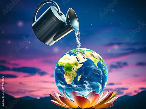 Nourishing the Earth: A captivating image that highlights the importance of environmental conservation, showing a watering can gently nurturing the earth and symbolizing growth, protection.