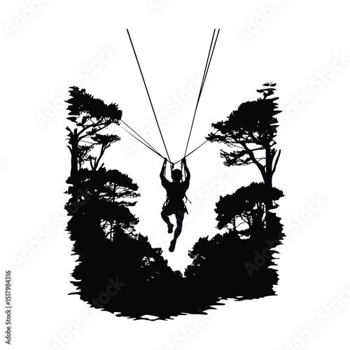 A person zip lining through a forest silhouette clipart on a white background