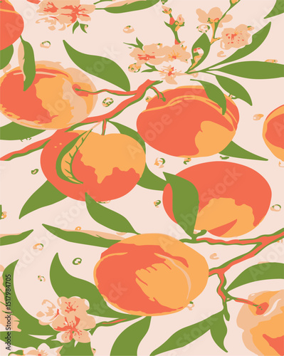 Fresh peaches, seamless pattern with green leaves,abstract,vector,background.