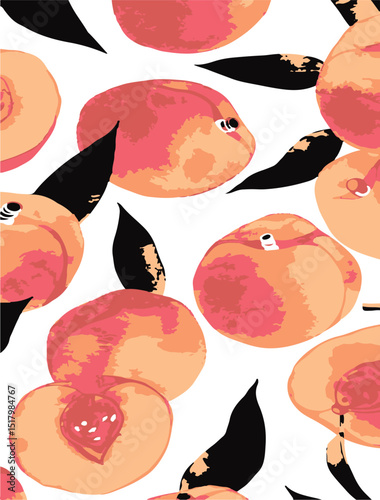 Fresh peaches, seamless pattern with green leaves,abstract,vector,background.