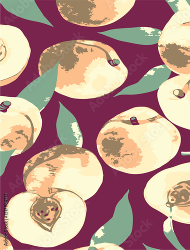 Fresh peaches, seamless pattern with green leaves,abstract,vector,background.