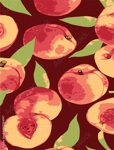Fresh peaches, seamless pattern with green leaves,abstract,vector,background.