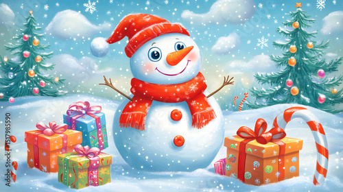 Cheerful snowman with presents and christmas trees in a festive winter wonderland scene