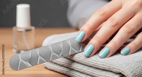 Woman Hand with Light Blue Manicured Nails and Nail File on Grey Towel photo