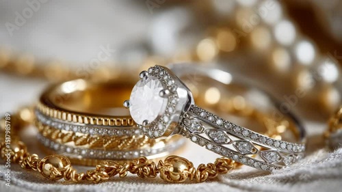 Close-up of elegant gold and diamond jewelry