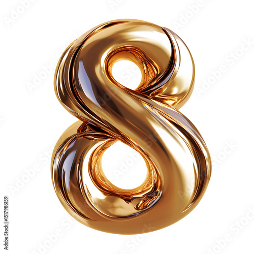 Elegant three dimensional rendering of a shiny gold number eight isolated on white