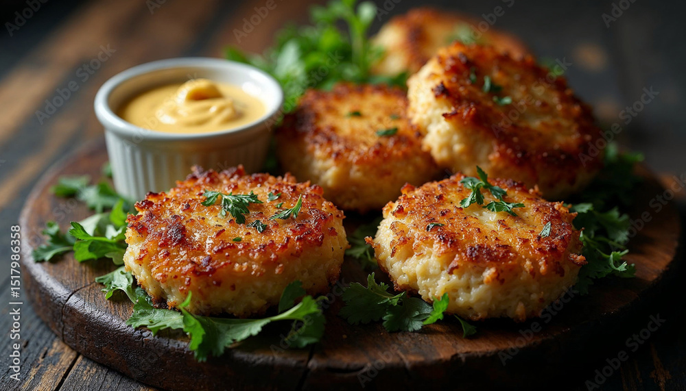 delectable crab cakes with remoulade sauce, daylight, wooden board background, Southern style, delectable crab cakes with remoulade sauce, daylight, wooden board background, Southern style,