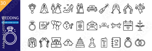 30 editable line icons for wedding, marriage, love, celebration, engagement, and floral arrangements. Vector illustration