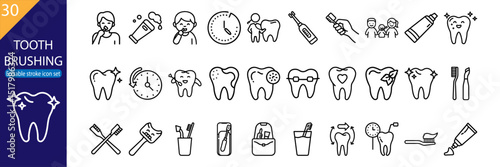 Set of 30 line icons related to tooth brushing, dental care, toothbrush, oral hygiene, dental tools, editable stroke, vector illustration