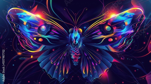 Glowing butterfly with colorful wings and geometric patterns on black pop art background.