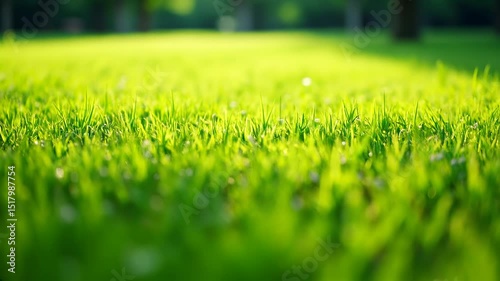 Lush green grass glistens in the sunlight during a serene morning at the park