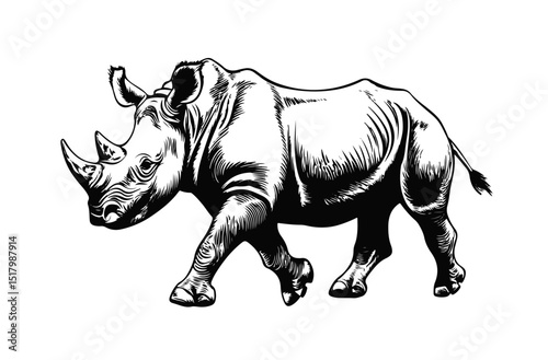 detailed illustration of rhinoceros walking gracefully, showcasing its strong physique