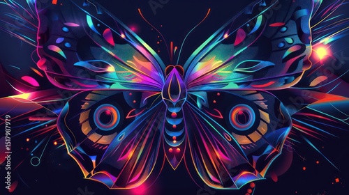 Glowing butterfly with colorful wings and geometric patterns on black pop art background.